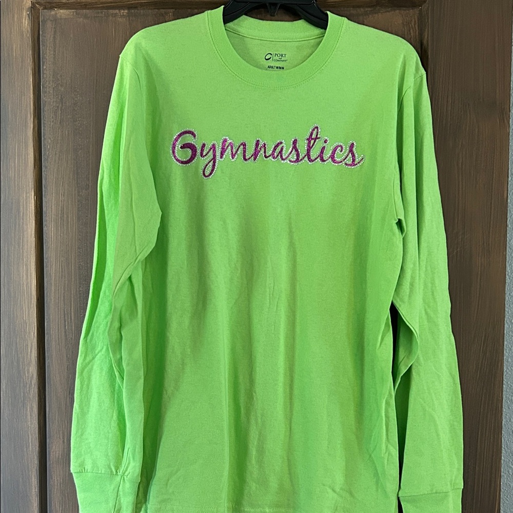 Port and Company Lime Green Long Sleeve "Gymnastics" Tee with Pink Script